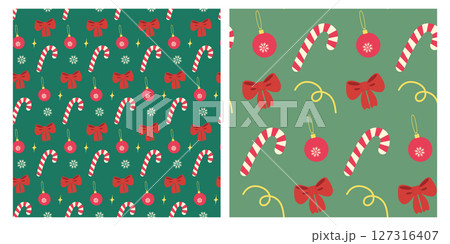 Hand Drawn Candy Cane Ribbon Bow and Christmas tree decorations Seamless Patterns Holidays Fond Set 127316407