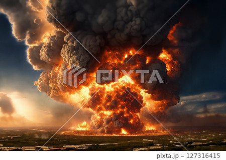 Detonation with a lot of smoke and sparks. An explosion with flames and air pollution effect. 127316415