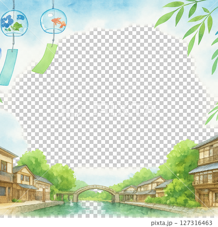 日式旅行框架，帶有三朝溫泉和夏季風鈴圖案水彩插圖透明PNG 127316463