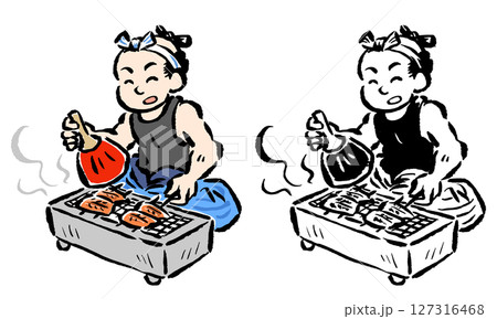 鰻を焼く江戸の男性　カラー・線画セット 127316468
