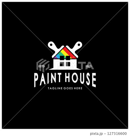 logo icon illustration house paint with a blend of brushes and rollers for house wall paint design, minimalist house, painting, interior, building, property business, wallpaper, vector concept 127316600