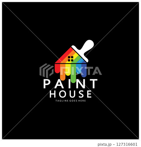 logo icon illustration house paint with a blend of brushes and rollers for house wall paint design, minimalist house, painting, interior, building, property business, wallpaper, vector concept 127316601