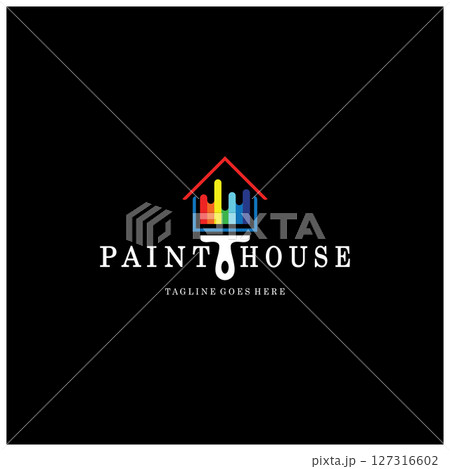 logo icon illustration house paint with a blend of brushes and rollers for house wall paint design, minimalist house, painting, interior, building, property business, wallpaper, vector concept 127316602