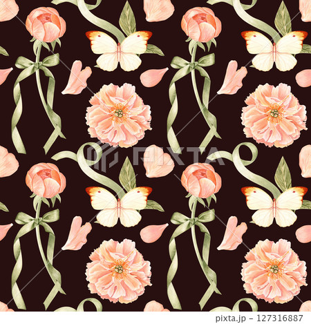 Peonies, butterfly, petals, and green ribbon watercolor seamless pattern on white. Hand-painted in soft pastel tones. Ideal for wedding stationery, branding, textiles, packaging, feminine design 127316887