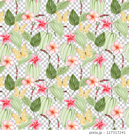 Branch of Kampot pepper plant with heart-shaped green leaves and multicolored peppercorns. Hand-painted watercolor isolated on white. Perfect for packaging, culinary design, branding, or eco labels 127317241