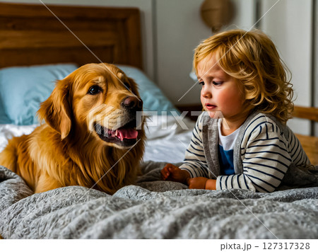 Golden retriever dog and a sweet little girl are resting in the bed. 127317328