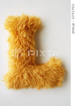 A decorative letter L made of soft, fluffy yellow material sits prominently on an unadorned white background, showcasing its vibrant color A decorative letter L made of soft, fluffy yellow material sits prominently on an unadorned white background, showcasing its vibrant color 127317421