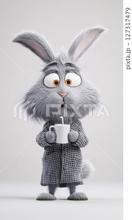 A sweet gray rabbit stands upright, holding a...のイラスト素材 [127317479] - PIXTA