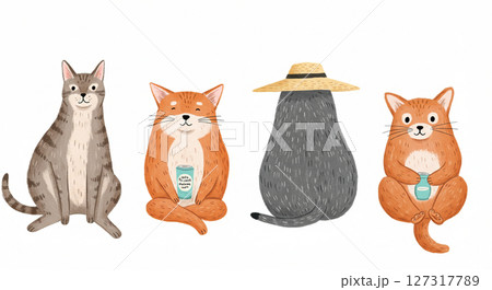 麦わら帽子をかぶった猫のイラスト 127317789