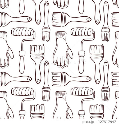 Seamless pattern with line art painting tools including brush, paint roller and gloves. Perfect for construction wallpaper packaging or renovation themed design project. 127317947