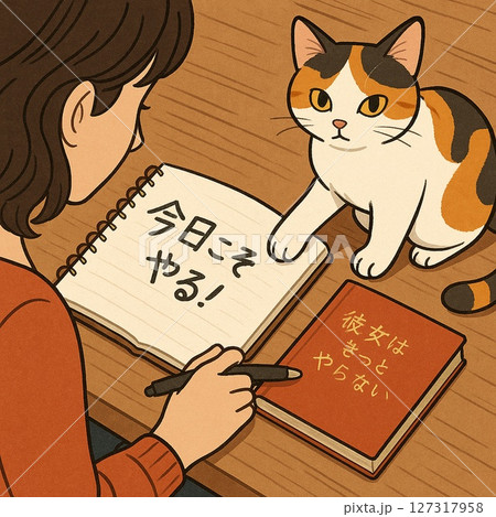 三毛猫がやる気の後押し?!  やる気迷子女子を救え ラフ漫画　Generative AI 127317958