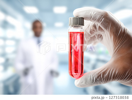 人工血液の入った試験管を持つ手のイメージ素材 人工血液の入った試験管を持つ手のイメージ素材 127318038