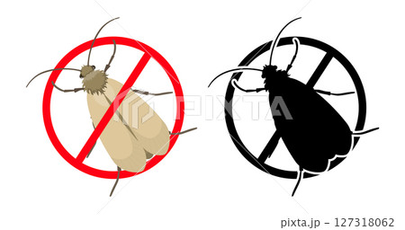 Stop clothes moth sign with insect silhouette and color image Stop clothes moth sign with insect silhouette and color image 127318062
