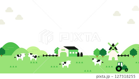 かわいい牧場の背景イラスト（牛・トラクター・風車付き） 127318255