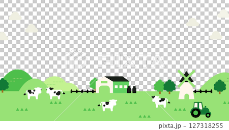 かわいい牧場の背景イラスト（牛・トラクター・風車付き） 127318255