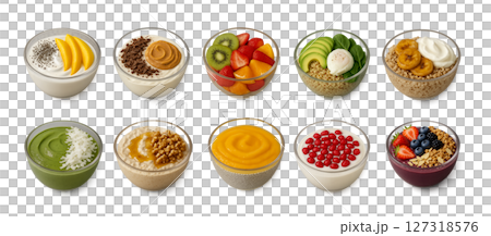 Top view of ten delicious and colorful smoothie or yogurt bowls, each with a unique combination of fruits, seeds, nuts, and superfoods. Breakfast bowls. Top view of ten delicious and colorful smoothie or yogurt bowls, each with a unique combination of fruits, seeds, nuts, and superfoods. Breakfast bowls. 127318576