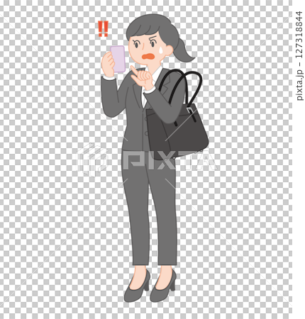 スマホを見て焦る就活生のイラスト（パンツスタイル） 127318844