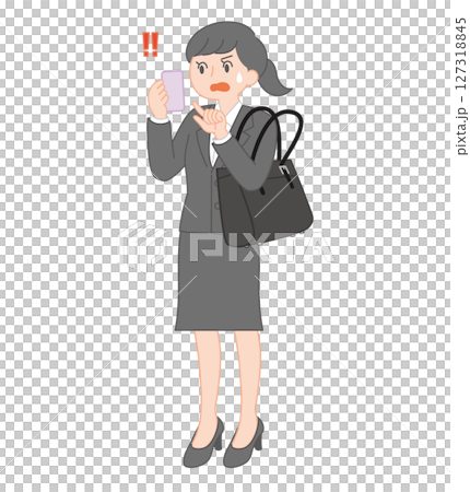 スマホを見て焦る就活生のイラスト（スカートスタイル） 127318845