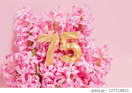 Number 75 seventy five golden celebration birthday candle on Pink flowers Background. 75 years birthday. concept of celebrating birthday, anniversary, important date, holiday milestone 127319023