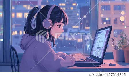 Cute Girl Working on Laptop and Listening to Music at Desk 127319245