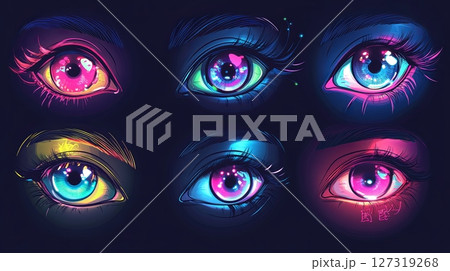 Asian Eyes with Neon Effect - Colorful Gaze Collection 127319268