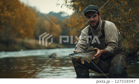 Proud Fisherman Holding Fish in River 127319347