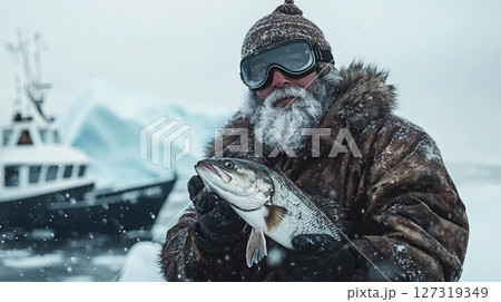 Greenlandic Fisherman in Fur Coat Holding Fish Outdoors Greenlandic Fisherman in Fur Coat Holding Fish Outdoors 127319349