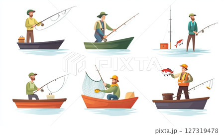 Diverse Fisherman Fishing Set in Various Positions Diverse Fisherman Fishing Set in Various Positions 127319478