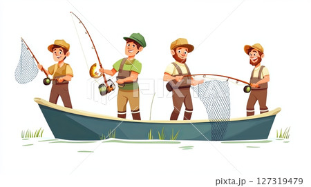 Three Fishermen in Boat Enjoying Fishing Adventure 127319479