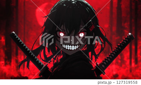 Sinister Anime Girl with Red Eyes and Sword Smiles 127319558