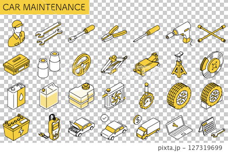 簡單可愛的汽車維修線條圖標，等距 127319699
