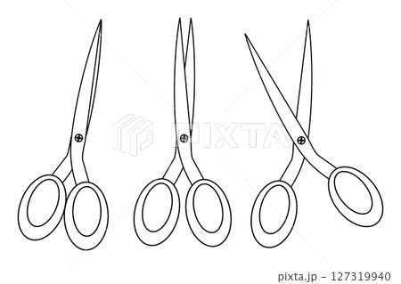 Coloring page for kids with outline vector drawing of school stationery supplies set with scissors. For entertaining kids, back to school or education black and white printable design, and DIY craft. Coloring page for kids with outline vector drawing of school stationery supplies set with scissors. For entertaining kids, back to school or education black and white printable design, and DIY craft. 127319940