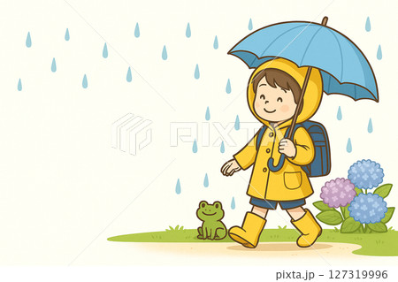 「梅雨の季節に傘をさして登校する子どものイラスト(レインコート・カエル・あじさい付き)」 「梅雨の季節に傘をさして登校する子どものイラスト(レインコート・カエル・あじさい付き)」 127319996