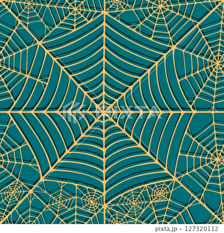 Seamless pattern with linear spider web design on color background. 127320112