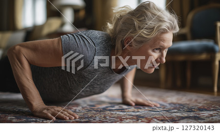 senior woman doing pushups at home on carpet, focused on fitness and healthy lifestyle 127320143
