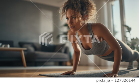 young athletic woman doing pushups on yoga mat at home, focused on fitness workout 127320144