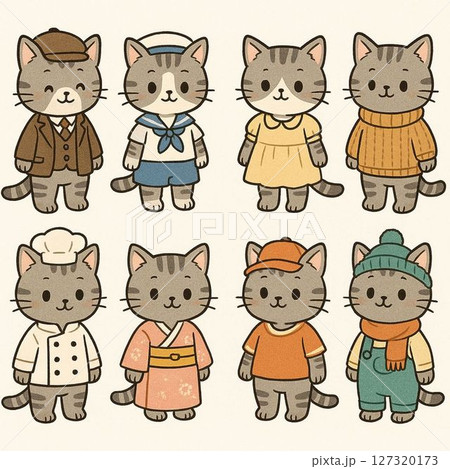 さまざまな衣装を着た可愛い猫のイラストセット 127320173