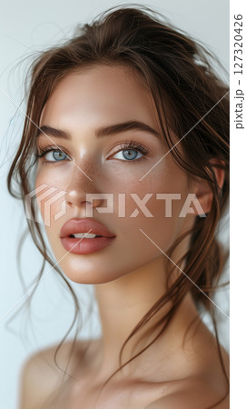 cosmetology beauty salon banner with copy space, beautiful woman face, lip augmentation, skincare, lashes brows lamination 127320426