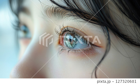 Close-up gray eye Japanese korean chinese asian woman, beauty salon treatment, 2d volume, classical lashes, brows lamination 127320681