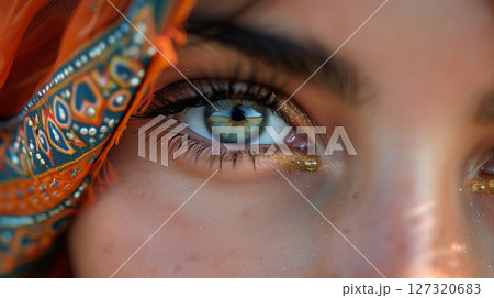 Close-up gray eye Indian woman, beauty salon treatment, 2d volume, classical lashes, brows lamination Close-up gray eye Indian woman, beauty salon treatment, 2d volume, classical lashes, brows lamination 127320683