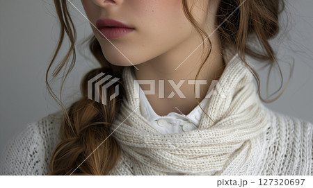 Venus rings horizontal on neck, age-related skin changes, senior, gradual aging, banner with copy space 127320697