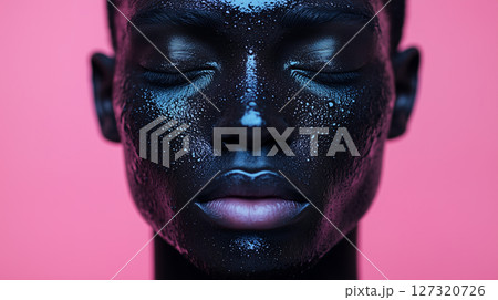 Banner with copy space, close-up of Black man with a cosmetic mask on her face, cosmetology beauty 127320726