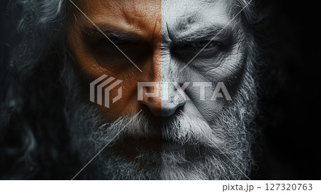Close-up of older man, elderly, meaningful gaze skin aging, black and white warrior 127320763