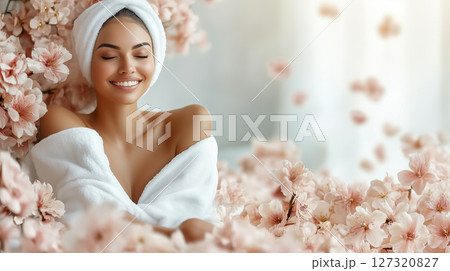 Banner with copy space, woman face, spa treatments, towel, cosmetology, beauty procedures 127320827