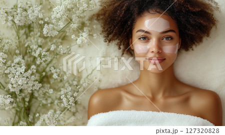 Banner with copy space, woman face, spa treatments, towel, cosmetology, beauty procedures Banner with copy space, woman face, spa treatments, towel, cosmetology, beauty procedures 127320828