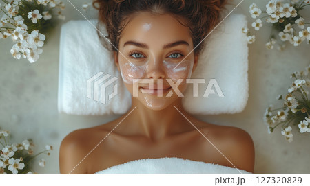 Banner with copy space, woman face, spa treatments, towel, cosmetology, beauty procedures 127320829