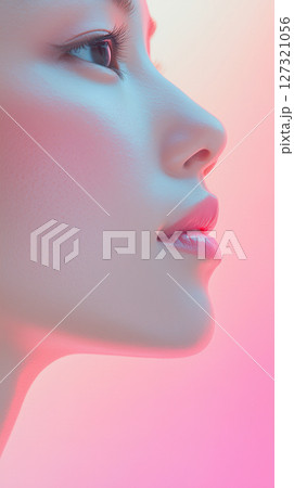 New Year, Christmas minimalist cosmetology banner with copy space, clean background, Asian woman, beauty industry 127321056