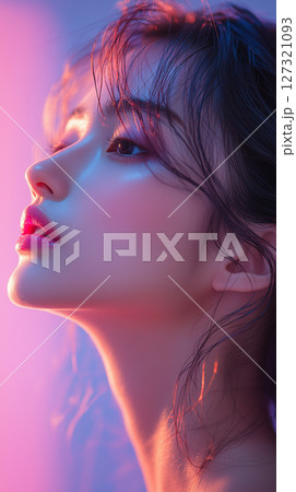 New Year, Christmas minimalist cosmetology banner with copy space, clean background, Asian woman, beauty industry 127321093