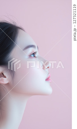New Year, Christmas minimalist cosmetology banner with copy space, clean background, Asian woman, beauty industry 127321119