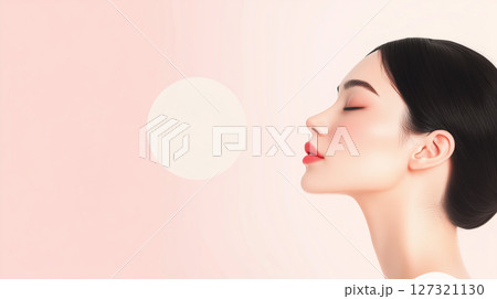 New Year, Christmas minimalist cosmetology banner with copy space, clean background, Asian woman, beauty industry New Year, Christmas minimalist cosmetology banner with copy space, clean background, Asian woman, beauty industry 127321130